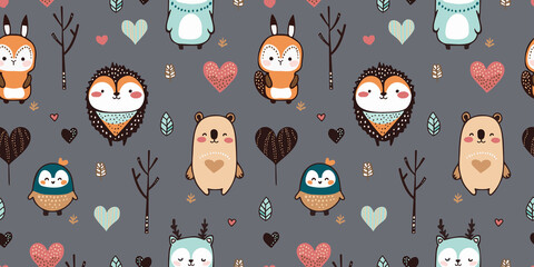 Seamless pattern. Cute drawn cartoon animals on a gray background. Postcard, poster, icon, drawing for textiles, drawing for different types of printing. Illustration for children.Print