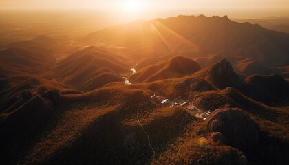 Majestic mountain range, back lit at sunset generated by AI