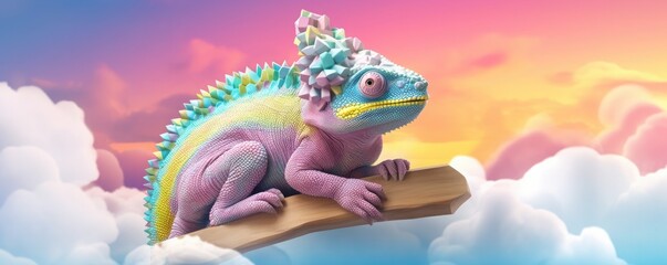 Camouflaged chameleon sitting on 3D clouds, pastel colors, panorama. Generative Ai.