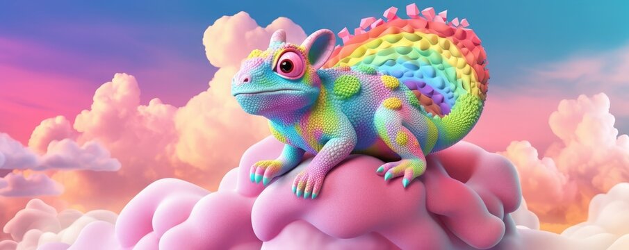Camouflaged chameleon sitting on 3D clouds, pastel colors, panorama. Generative Ai.