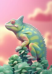 Obraz premium Camouflaged chameleon sitting on tree, pastel colors. Generative Ai.