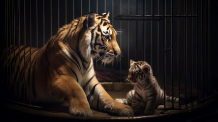 A tigress with a tiger cub in a zoo cage. Begnal tiger caught in an iron enclosure with a small tiger cub. Siberian tiger created in AI.