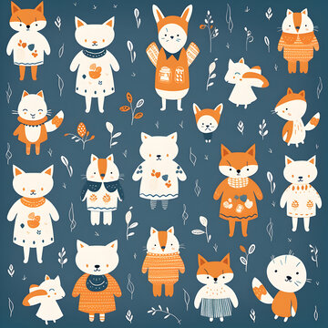 seamless pattern with cats, dogs, foxes and bears