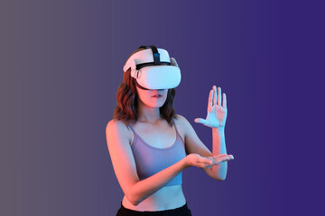 women wear VR or virtual reality. futuristic technology.