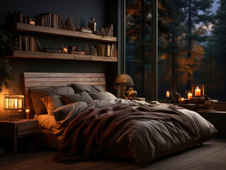 Beautiful Dark Bedroom Interior Background, Mockups Design 3D, High-quality Mockups, Generative Ai