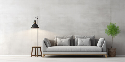 Elegant, white sofa with wooden legs and lamp in a designer minimalist living room. Generative AI