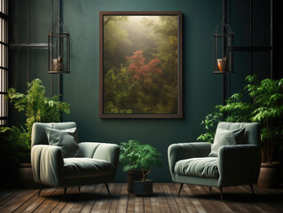 Dark Home Interior with poster frame mockup, Mockups Design 3D, High-quality Mockups, Generative Ai
