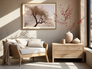 Minimalist Scandi Boho home interior mockup, Mockups Design 3D, High-quality Mockups, Generative Ai
