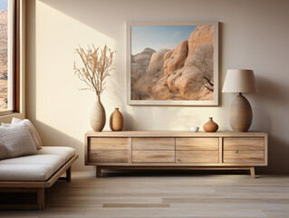 Minimalist Scandi Boho home interior mockup, Mockups Design 3D, High-quality Mockups, Generative Ai