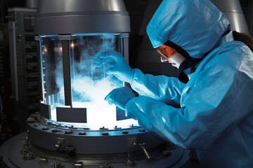 A man in a blue suit is working on a machine. Generative AI. Unrecognisable workers in protective wear working in cryogenic storage room.