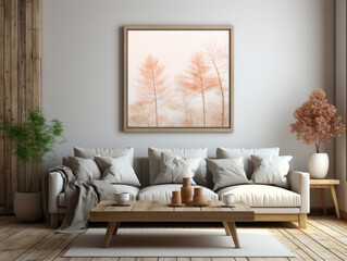 Mockup poster in Scandinavian style living room, Mockups Design 3D, High-quality Mockups, Generative Ai