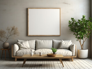 Mockup poster in Scandinavian style living room, Mockups Design 3D, High-quality Mockups, Generative Ai