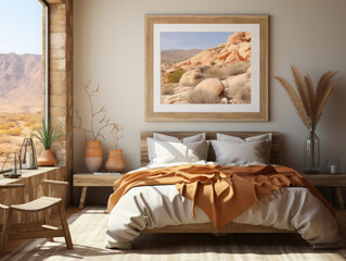 Mockup poster in Nomadic style bedroom interior, Mockups Design 3D, High-quality Mockups, Generative Ai