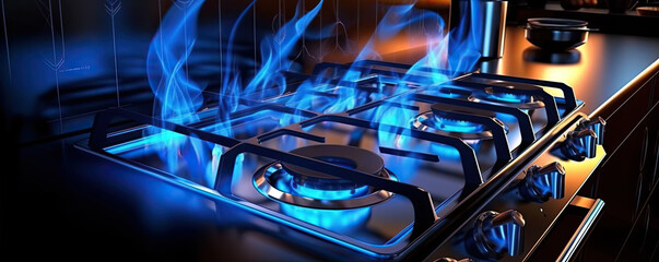 Modern kitchen stove cook with blue flames burning. generative ai