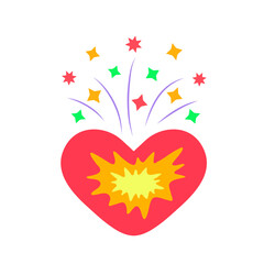 Obraz premium The heart is red with an explosion inside and fireworks with stars around on a white isolated square background. Icons, stickers and individual objects. Happy Valentine's Day. Vector illustration.