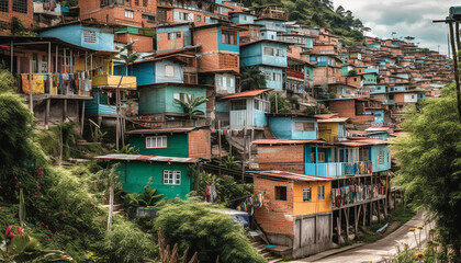 Fototapeta na wymiar Multi colored shacks in crowded Caribbean slum community generated by AI