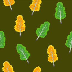 Birch trees with yellow and green foliage on a dark green background or with a brown-green background, pattern. Seamless pattern. Trees and nature, pattern. Vector illustration.