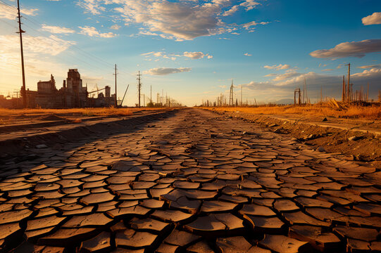 Drought, dry cracker earch on fields hit by lack of rain outside a large city.