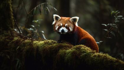 Fototapeta premium Cute red panda sitting on bamboo branch generated by AI