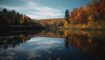 Fototapeta na wymiar Vibrant autumn colors reflect on tranquil pond generated by AI