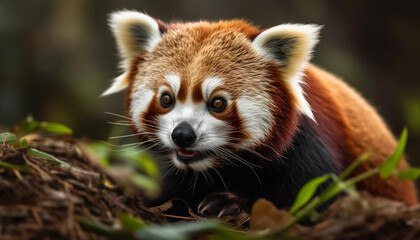 Fluffy red panda sitting on tree branch generated by AI