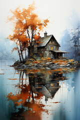 A painting of a house on a small island. Generative AI.