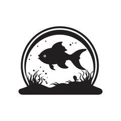 Fish silhouette in aquarium, white background, monochrome