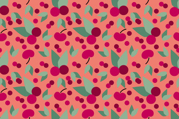 Beautiful, sweet, lovely, nice and cute summer cherry garden. Trendy, stylish, fashionable, seamless vector pattern for design and decoration.