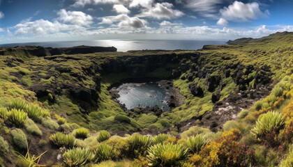 Fototapeta premium Majestic mountain range, green trees, idyllic beauty generated by AI