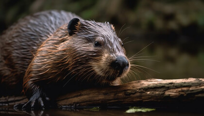 Wet beaver fur, close up portrait, front view generated by AI