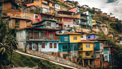 Fototapeta na wymiar Vibrant colors adorn poverty stricken Caribbean slum huts generated by AI