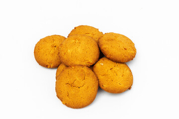 oatmeal cookies on a crystal platter on a white background.