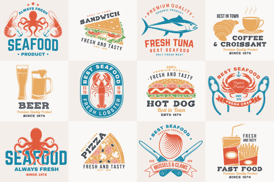 Set of seafood and fast food retro badge. Vector. For seafood emblem, sign, patch, shirt, menu restaurants with tuna, trout, shrimp, octopus crab mussels and clams, hotdog, burger, pizza