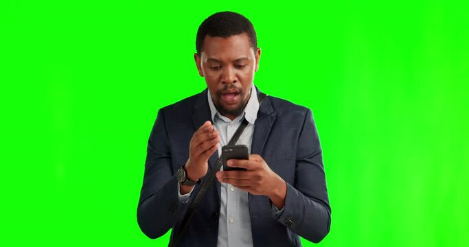Green screen, business and black man with a smartphone, shocked and internet error on a studio background. Male person, model or employee with a cellphone, bad news or glitch with social media gossip