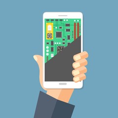 Riparazione ,CELLULARE  servizio informatico. Scheda madre nella sezione dello schermo. Illustrazione elettronica fai da te tecnologia assistenza tecnica