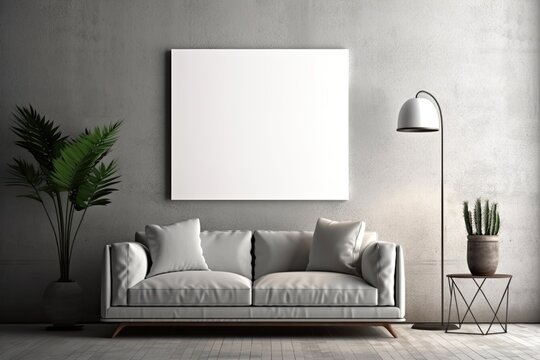 Mock up poster frame in minimalist black and white living room interior background, cement wall © Wevan Graphic