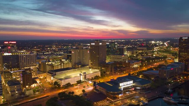 Norfolk, Virginia, USA downtown city skyline from over the Elizabeth River