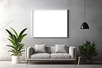 Mock up poster frame in minimalist black and white living room interior background, cement wall