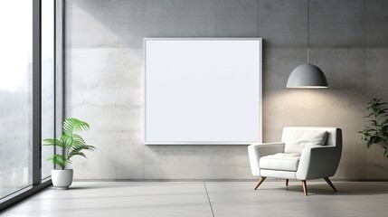 Mock up poster frame in minimalist black and white living room interior background, cement wall