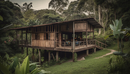 Stilt house on tropical water surrounded by forest generated by AI