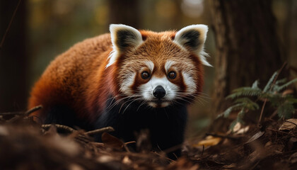 Naklejka premium Fluffy red panda sitting on tree branch generated by AI