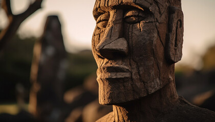 Fototapeta na wymiar Ancient wood sculpture depicts indigenous culture spirituality generated by AI