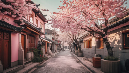 Fototapeta na wymiar Pink cherry blossoms illuminate famous Japanese architecture generated by AI