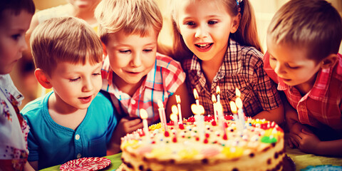 funny children celebrating birthday party and blowing candles on cake. Holidays concept. Group of adorable kids having fun at birthday party, digital ai