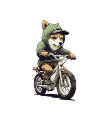 Cartoon dog in overalls and a hood on a bicycle. Vector illustration