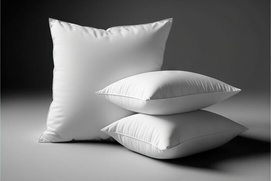 three pillows stacked on top of each other on a gray background with a black background behind them and a black and white photo of a pillow on the top of the left side of the.