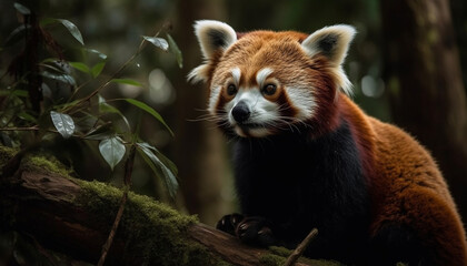 Fototapeta premium Red panda sitting on branch, looking cute generated by AI
