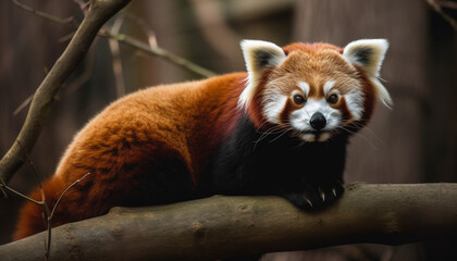 Obraz premium Fluffy red panda sitting on tree branch generated by AI