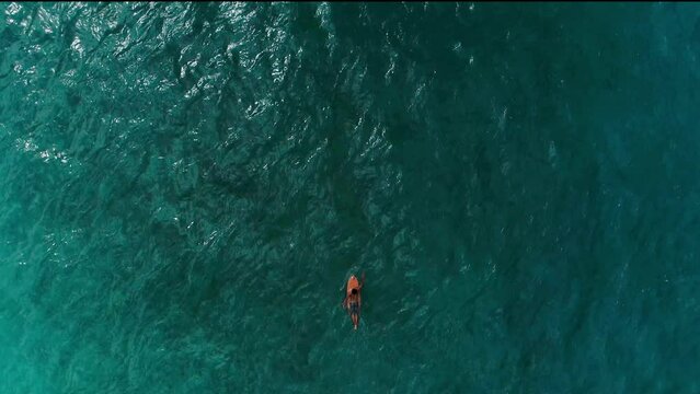 Top aerial view: surfing concept, summer travel. Blue ocean and one man paddle on the surf. Powerful ocean and one man alone do workout with surf barreled at big waves. Colorful background