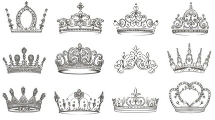 Doodle crowns. Line art king or queen crown sketch